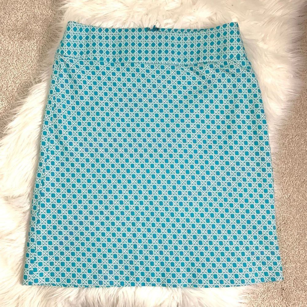 Talbots Petite A Line Aqua Geometric Print Skirt